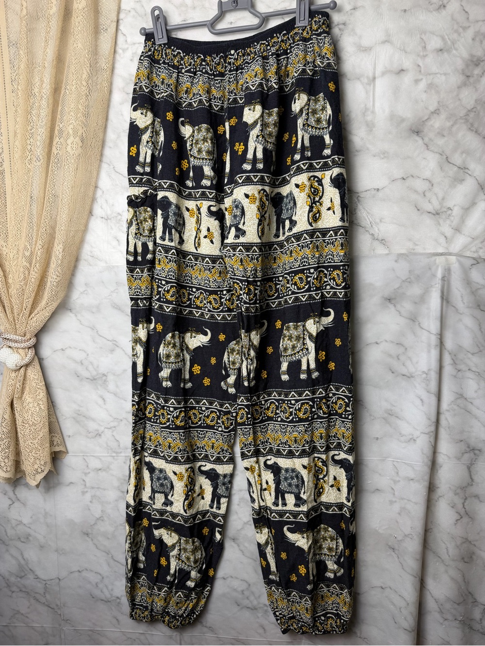 Elephant Print Lightweight Boho Pants L Black Mustard Cream Grey Festival Hippie